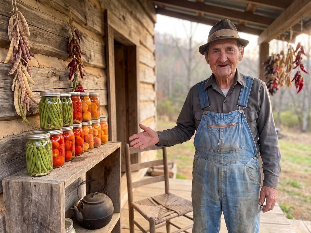 Billy Ray McCoy on the porch of the family cabin, beside shelves of canned jars