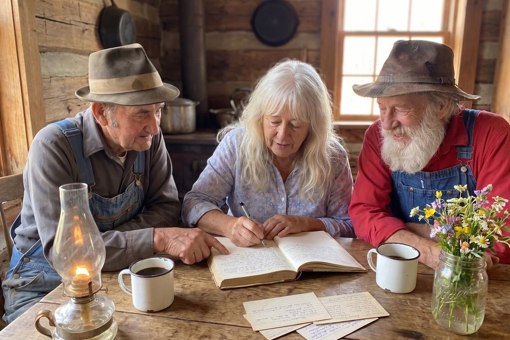 Billy Ray, Loretta Jean and Earl writing the books at the kitchen table